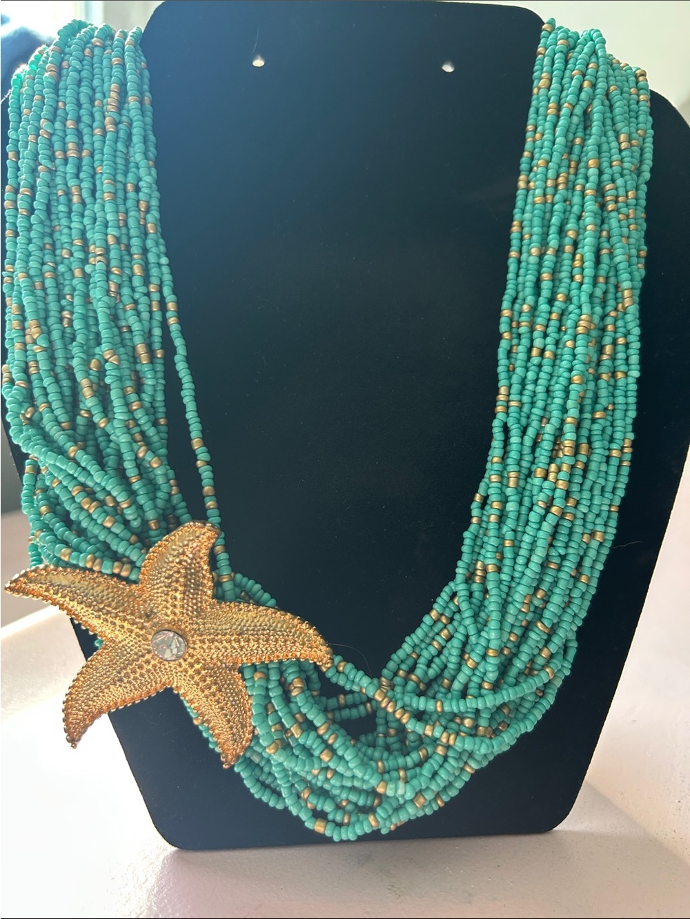 Turquoise color Beaded Multi-Strand Necklace with Gold Starfish Accent